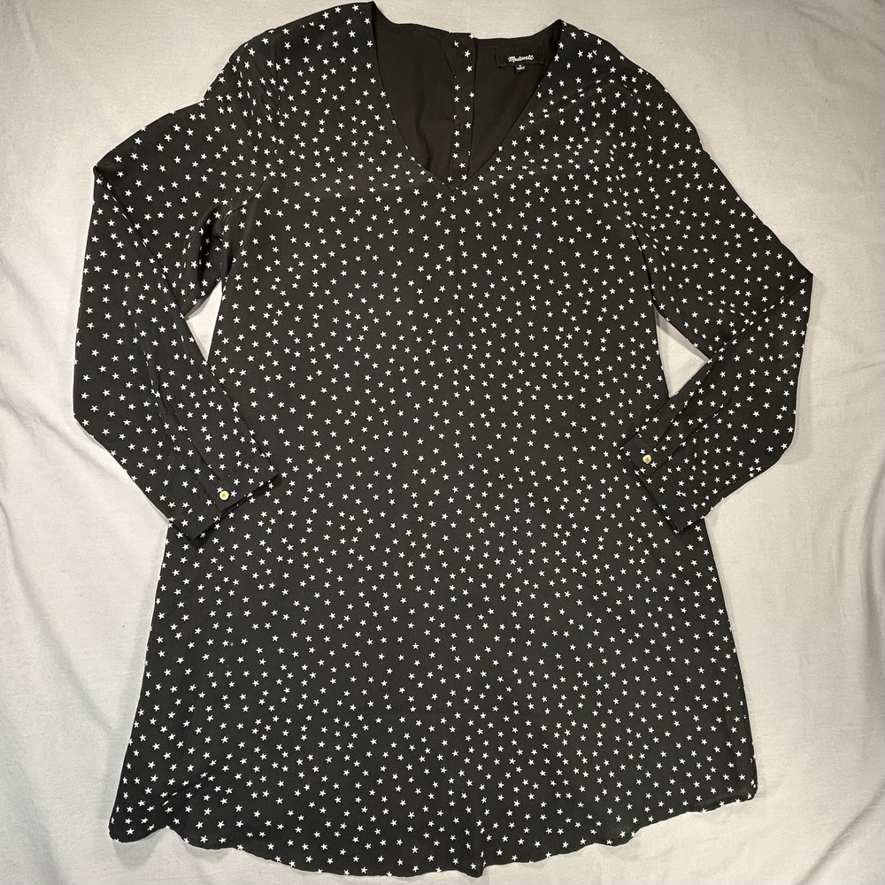 Madewell 100% Silk Vneck Black With‎ Stars Dress Women's Medium